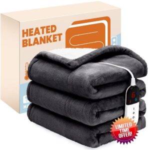 BENFOX Electric Heated Blanket，Flannel & Sherpa Heated Twin Blanket 62"x84"，Fast Heating Soft Fleece Blanket with 6 Heating Levels & 10H Auto Off-Grey