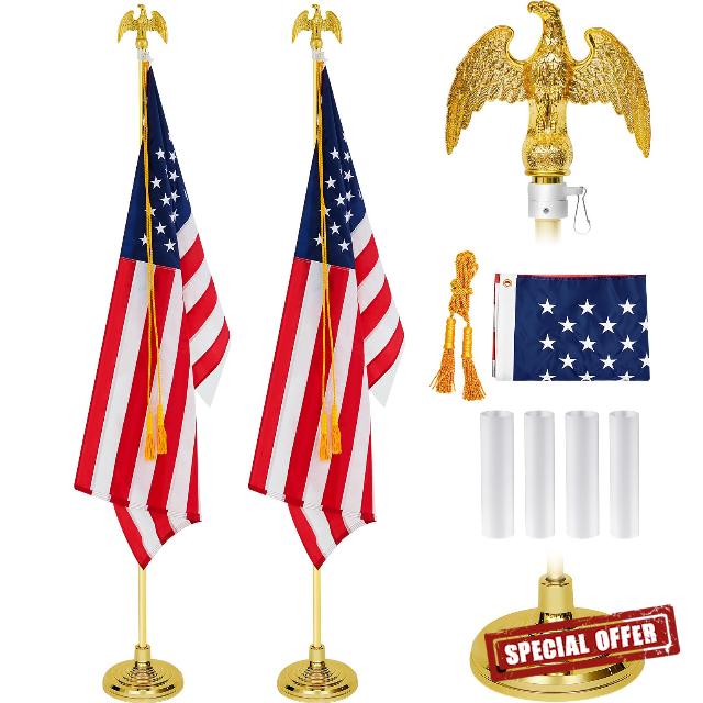 Hicarer 2 Set Indoor Telescoping Flag Pole with Base and Eagle Topper Portable Flag Pole Kit Heavy Duty Aluminum Gold Telescoping Flagpole Us Flag and Cord Tassel for Office School (6 Feet
