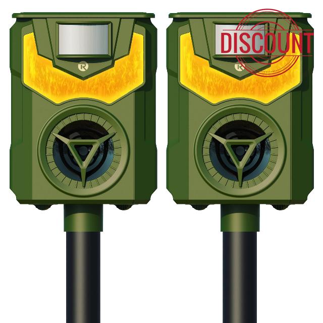Solar Animal Repeller Ultrasonic Dog Repellent Latest Flame Light Motion Detector Stray Dogs Fox Raccoon Skunk Rabbit Deer Deterrent with Flame Guard 2 Pack