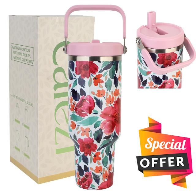 Cafezi 46oz Stainless Steel Vacuum Insulated Tumbler with Flip Straw and Handle