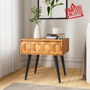 Bme Teak Brown Georgina Solid Wood Nightstands with Drawers-Fully Assembled Rustic Geometric Pattern Bedside Cabinet-Mid Century Modern Side Table for Living Room