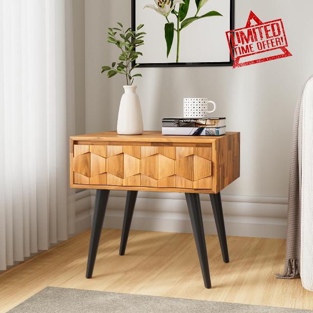 Bme Teak Brown Georgina Solid Wood Nightstands with Drawers-Fully Assembled Rustic Geometric Pattern Bedside Cabinet-Mid Century Modern Side Table for Living Room