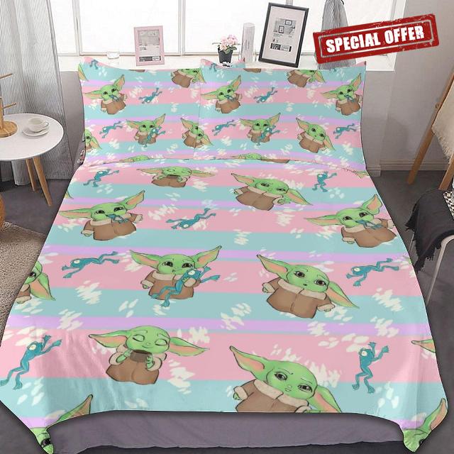 Cute Anime Cartoon Bedding Set The Child 3 Piece Twin Size Bed Set Super Soft Adult Kids Girls Boys Duvet Cover Set Kawaii 1 Duvet Cover 86x70 inches with 2 Pillow Shams Gift for Bedroom Decor