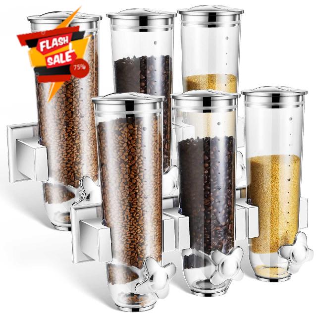Umigy 2 Pcs Cereal Dispenser Wall Mounted Triple Dry Food Dispenser 39 oz Silver Snack Candy Dispenser Machine Wall Mount Cereal Storage Container for Pantry Snack Dispenser with 3 Cup for Kitchen