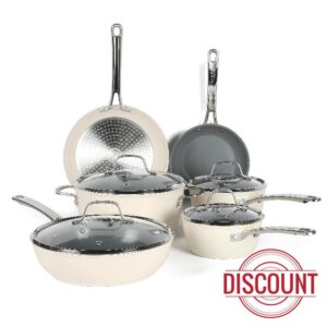 Sur La Table Kitchen Essentials 10 Piece PFA Free Non-Toxic Titanium Ceramic Nonstick Interior Forged Aluminum Cookware Pots and Pans Set - Linen White - Induction Compatible