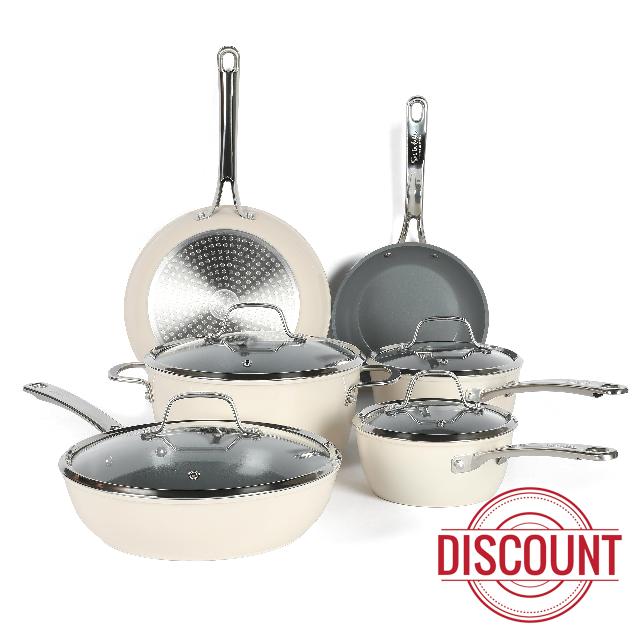 Sur La Table Kitchen Essentials 10 Piece PFA Free Non-Toxic Titanium Ceramic Nonstick Interior Forged Aluminum Cookware Pots and Pans Set - Linen White - Induction Compatible