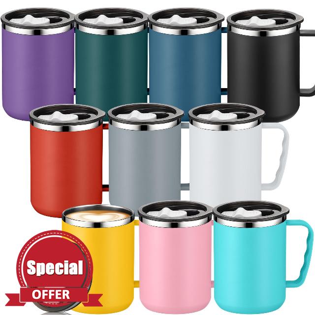 Roshtia 10 Pcs Coffee Travel Mug Vacuum Reusable Insulated Coffee Mug with Lid and Handle 17 oz Camping Insulated Cup Double Wall Stainless Steel Mug for Men Women Home Office Outdoors (Multicolor)