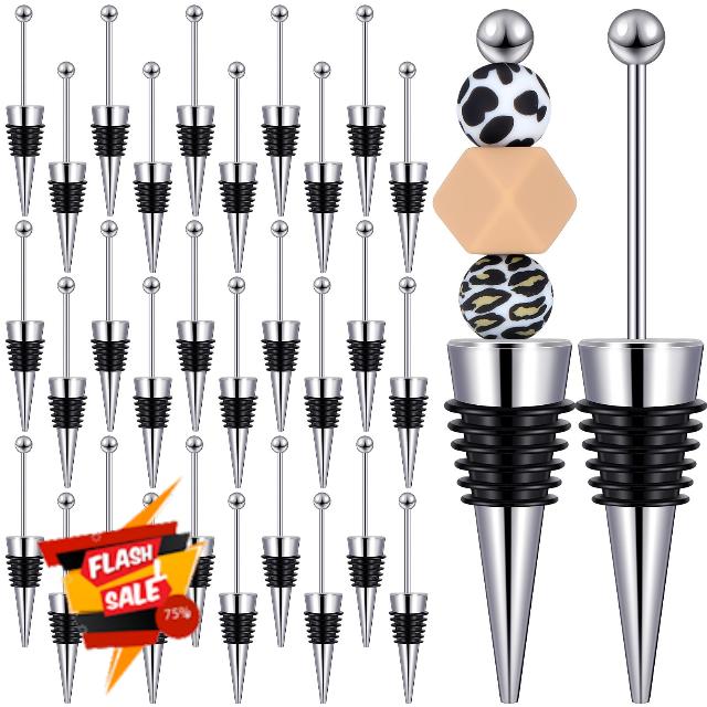 Kosiz 30 Pieces Beadable Wine Stoppers for Wine Bottles Decorative Beaded Wine Bottle Stopper Reusable Alloy Wine Saver for Beverage Gifts Holiday Party Wedding Bar