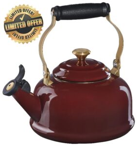 Le Creuset Enamel On Steel Whistling Tea Kettle with Gold Knob and Brackets