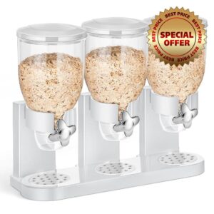 Umigy Triple Cereal Dispenser Storage Cereal Container Dry Food Storage Containers Food Dispenser Stand Cereal Organizer for Kitchen Countertop Pantry Candy Rice Snack Nut Grain Granola (White)