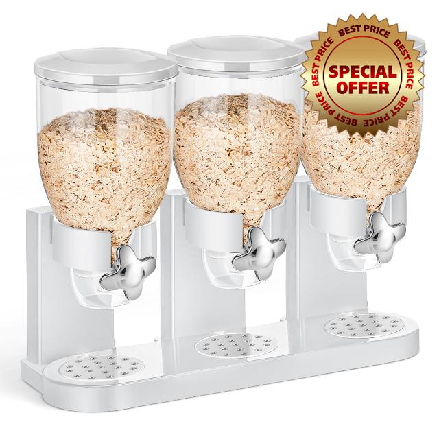 Umigy Triple Cereal Dispenser Storage Cereal Container Dry Food Storage Containers Food Dispenser Stand Cereal Organizer for Kitchen Countertop Pantry Candy Rice Snack Nut Grain Granola (White)