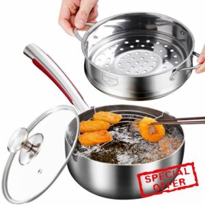 A.B Crew 2.5 Quart Saucepan with Steamer Basket and Oil Drain Rack Nonstick 18/10 Stainless Steel Pot with Glass Lid 2.5 Qt Sauce Pan Small Cooking Pot Frying Pan for Kitchen Restaurant