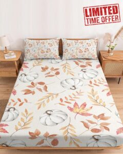 Gredice Queen Size Fitted Sheet Bed Set Autumn Watercolor White Pumpkin Deep Pocket Soft Bottom Sheets&Pillowcases for Bedroom Decor Fall Maple Leaves on Burlap Cotton