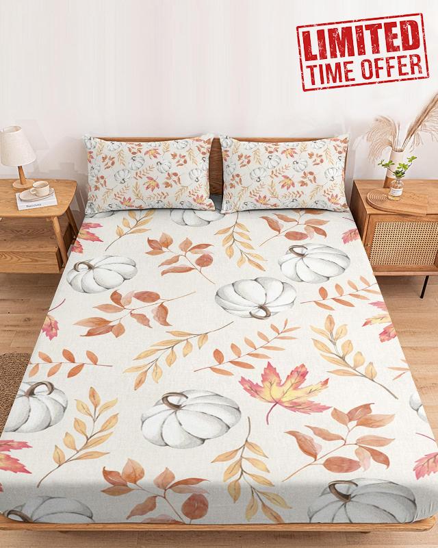 Gredice Queen Size Fitted Sheet Bed Set Autumn Watercolor White Pumpkin Deep Pocket Soft Bottom Sheets&Pillowcases for Bedroom Decor Fall Maple Leaves on Burlap Cotton