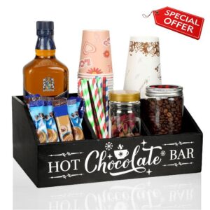 Barydat Christmas Hot Cocoa Bar Wood Coffee Station Organizer Countertop with 4 Compartment Coffee Bar Decorative Holder Xmas Basket Organizer Bin for Kitchen Holiday Gift Party Home Supplies(Black)