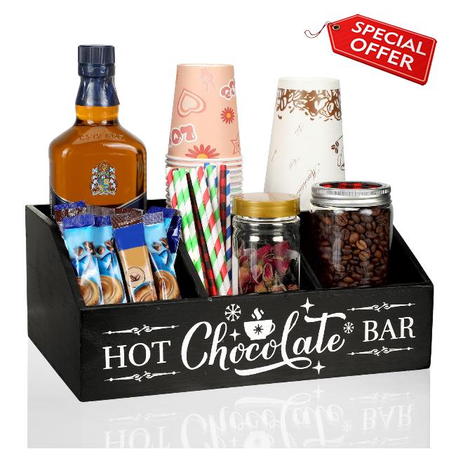 Barydat Christmas Hot Cocoa Bar Wood Coffee Station Organizer Countertop with 4 Compartment Coffee Bar Decorative Holder Xmas Basket Organizer Bin for Kitchen Holiday Gift Party Home Supplies(Black)