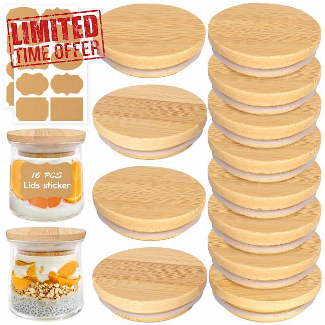 Lamnhin Oui Yogurt Jars Lids- 12 Pack of Natural Bamboo Wooden Lids with Silicone Seals and Bottle Labels for 5 Oz Oui Yogurt Jars