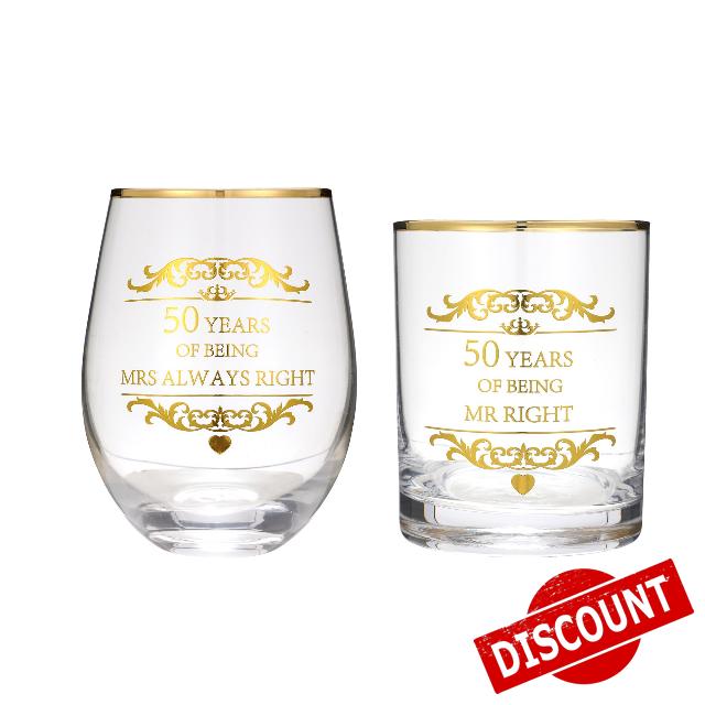 Celebrate your 50th wedding anniversary or 50 years of being together with these glass cup wine glass engraved with "50 Years of Mrs Always Right" whiskey glass with "50 Years of Mr Right" (50 years)