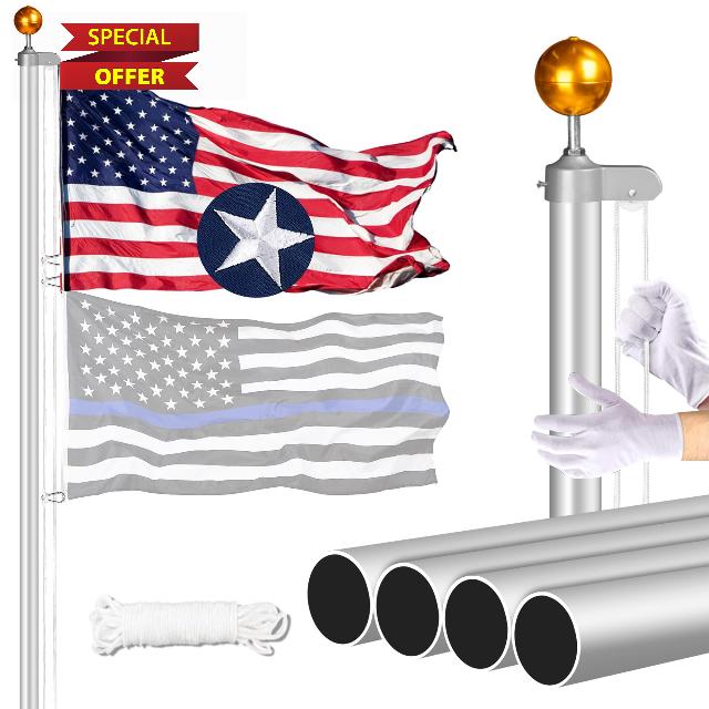 Heavy Duty Flag Pole in Ground-20FT 13 Gauge Extra Thick Aluminum Flagpole Kit with 5x3 TearProof Embroidered American Flag