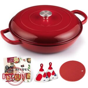 Overmont Cast Iron Enameled Braiser - 3.2 Quart Dutch Oven Pot with Cookbook & Heat-resistant Caps for Stewing Bread Baking & Seafood Paella