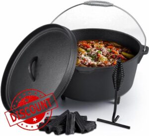 Hawsaiy Dutch Oven with Lid Camping - 7 Quart Uncoated Cast Iron Dutch Oven Pot with Footed Design & Spiral Handle - Ideal for Indoor & Outdoor Cooking