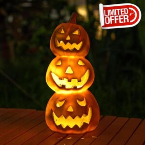 WONDHOME Halloween Pumpkin Decorations Unique 3 Tiers Stacked Jack-O-Lantern Halloween Decorations Waterproof Solar Pumpkin Lights Outdoor Halloween Decor for Garden Yard Porch(3 Tiers Pumpkin)