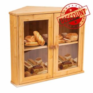 TAVIMOJO Easy to Assemble Bamboo Corner Bread Box for Kitchen Countertops - Kitchen Bread Storage and Organizer - Double Layer Bamboo Breadbox to Keep Bread Fresh