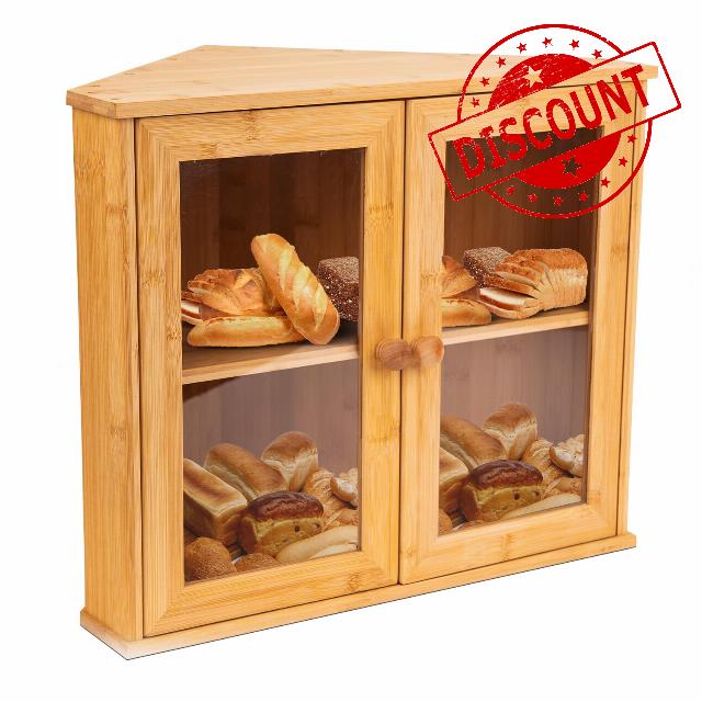 TAVIMOJO Easy to Assemble Bamboo Corner Bread Box for Kitchen Countertops - Kitchen Bread Storage and Organizer - Double Layer Bamboo Breadbox to Keep Bread Fresh