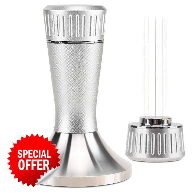Cornesty 2 in 1 53mm Espresso Coffee Tamper with Stirrer Stainless Steel Curved Base Magnetic Coffee Distributor Tamper Compatible with 54mm Breville Portafilter Basket (Sliver)