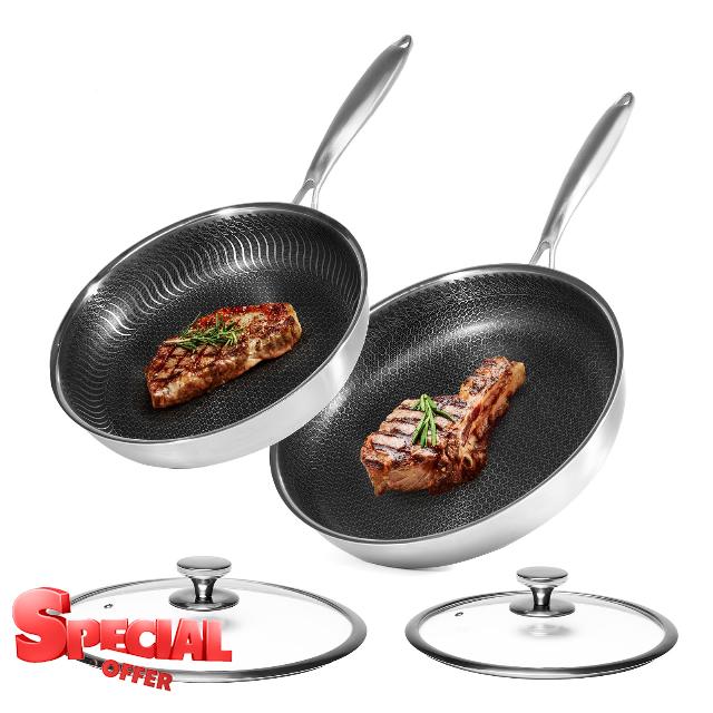 Stainless Steel Frying Pan 10" and 12" Frying Pan Skillet Set W/Cooking Lid Stay Cool Handle NonStick Pan Omelette Skillet Works with Induction Gas Ceramic & Electric Stovetops