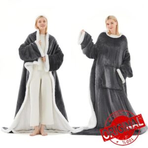 PLOATH Heating Wearable Blankets - Electric Blankets with 10 Heating Levels - Sherpa Heated Throw Blanket with Foot Pockets and Sleeves & Hood - Giftable Blanket Hoodie for Women(49x70 inches