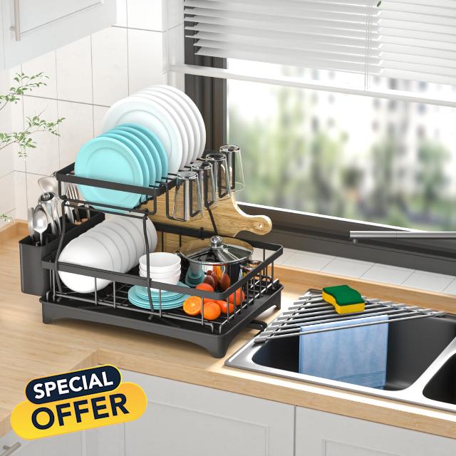 Yeepoo Dish Drying Rack 2 Tier & Triangle Roll-Up Drying Rack for Kitchen Counter