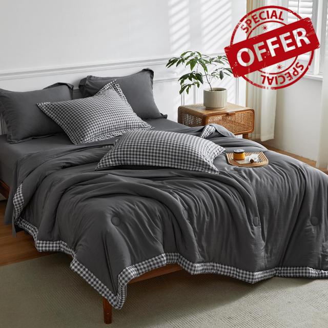 WARMDERN Buffalo Check Plaid Comforter Set King - Grey Comforter Set 7 Piece