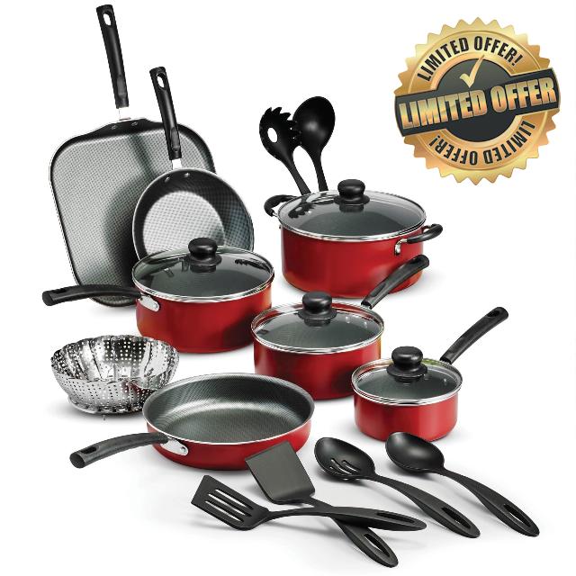 Complete Nonstick Cookware Set: 18 Pieces of Pots and Pans in Dishwasher Safe Black Finish for Effortless Cooking and Cleaning (Color : Red)