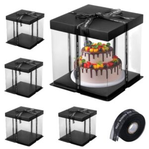 SETLUX Clear Cake Box Carrier 10" X 10" X 9" 4 Pack Transparent Cake Boxes with Lid Cake Packaging Container with Ribbon for Birthday Wedding Party Gift Package for 10 Inch Cake (Black)
