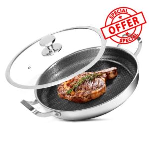 ARROCOLI 12.5inch Stainless Steel Frying Pan 4 QT Saute Pan Non-stick Omelette Pan Skillet Frying Pan with Cooling Handle and Glass Lid for Induction
