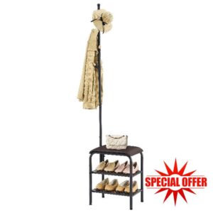 Gewudraw Coat Rack Stand Shoe Bench - 3 in 1 Coat Hall Tree with Shoe Storage With Benches Small Metal Shoes Shelf for Entryway Living Room Bedroom Hallway Mudroom