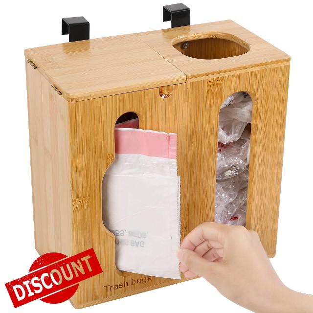 Grocery Bag Holder & Trash Bag Dispenser-2 in 1-Bamboo Plastic Bag Holder with Large Storage Capacity and Wall-Mounted Design