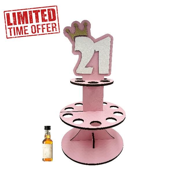 Lumber Reveal USA Mini Liquor Bottle Cake Display Shelf for 21st Birthday or Other Ages | Hand Assembled and Laser Cut | Happy Birthday and 21 Mini Liquor Bottle Holder 21 Crown Pink
