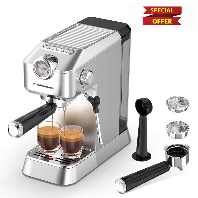 KitchenBoss Professional Compact Espresso Machines: 20 Bar Barista Espresso Machines for Home with Milk Frother Steam Wand