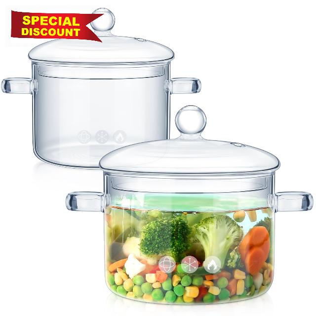 Uiifan 2 Pcs Glass Cooking Pot with Cover and Handle Heat Resistant 44 oz and 50 oz Glass Cookware Set Clear Simmer Pot Handmade Glass Saucepan for Noodles Soup Tea Milk Pasta Baby Food