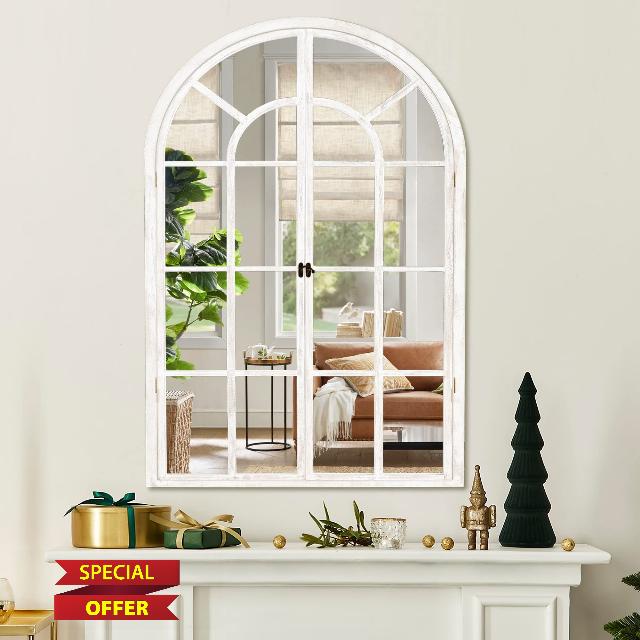 Natsukage 36"x24"Arched Mirror Wall Window Mirror Farmhouse Decorative Mirror for Wall Wood Windowpane Mirror Wall Decor for Living Room