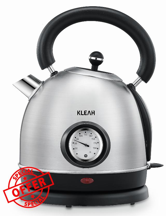 Retro Electric Kettle 1.8L Stainless Steel for Boiling Water with Temperature Gauge