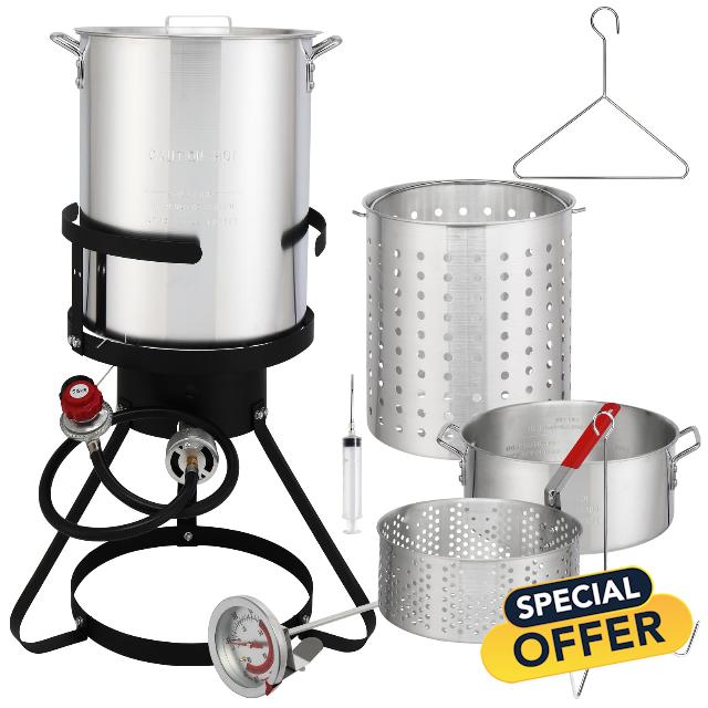 TOVRON 30 Qt Turkey Fryer Set Aluminum Seafood Boiling Kit with Strainer 10 Qt Fish Deep Fryer Pot with Gas Burner Stand for Outdoor Cooking Silver