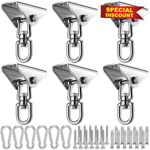 Therwen 6 Packs Swing Hangers Hammock Hanging Kit 2000 Lbs Stainless Steel Hammock Hooks 360 Degree Rotate Swing Hardware for Playground Porch Gym Yoga Chair Seat Ceiling Indoor Outdoor