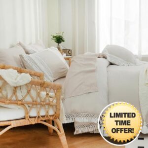 Boho Bed in A Bag King Size Comforter Set 8 Pieces White and Beige Reversible Bedding Shabby Chic Tassel Cream Bohemian Decor Farmhouse Comforter with Sheet Sets