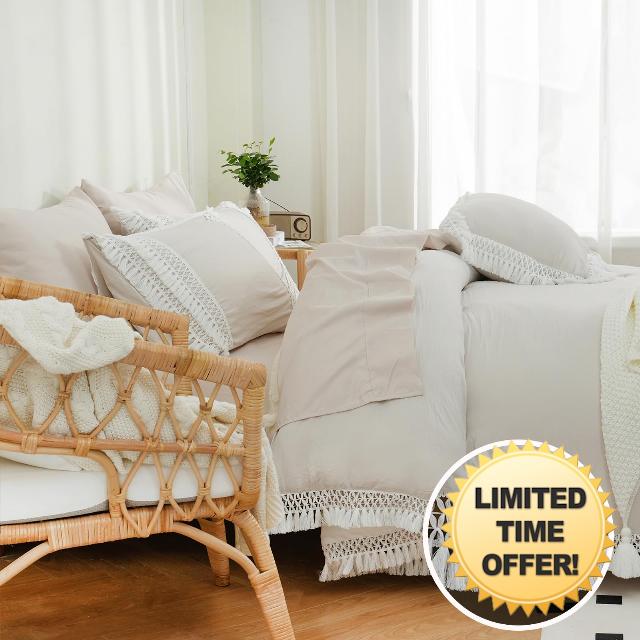 Boho Bed in A Bag King Size Comforter Set 8 Pieces White and Beige Reversible Bedding Shabby Chic Tassel Cream Bohemian Decor Farmhouse Comforter with Sheet Sets