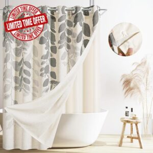SMABU No Hooks Needed Grey Linen Shower Curtain with Liner