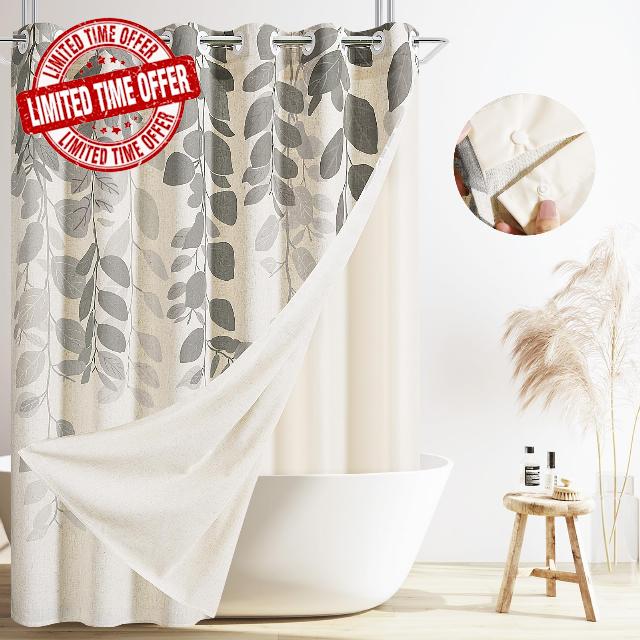SMABU No Hooks Needed Grey Linen Shower Curtain with Liner