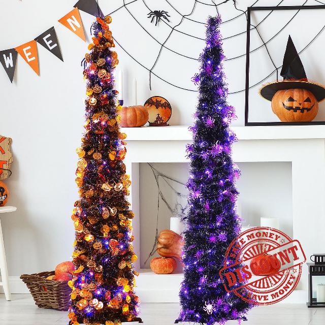 Baquler 2 Set 5ft Halloween Tree with 50 Led Lights Tinsel Pencil Tree Decorations Pop up Pumpkin Spider Sequins Artificial Christmas Tree Halloween Decorations for Party Indoor Outdoor Ornament